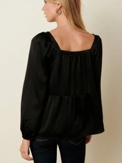 Sydney So Sweet Women's Clothing Women's Square Neck Satin Detail Tier Satin Blouse Black 7 Sydney So Sweet Women's Clothing Women's Square Neck Satin Detail Tier Satin Blouse Black