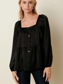 Sydney So Sweet Women's Clothing Women's Square Neck Satin Detail Tier Satin Blouse Black