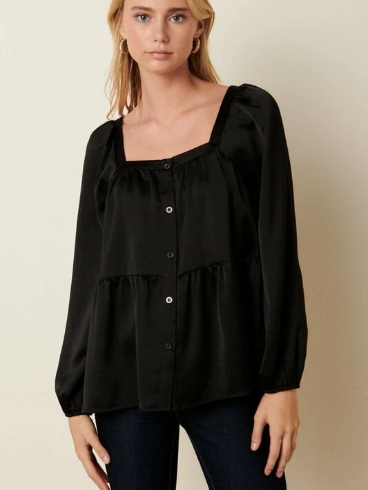Sydney So Sweet Women's Clothing Women's Square Neck Satin Detail Tier Satin Blouse Black 1 Sydney So Sweet Women's Clothing Women's Square Neck Satin Detail Tier Satin Blouse Black