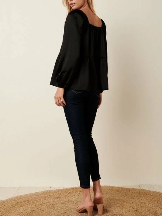 Sydney So Sweet Women's Clothing Women's Square Neck Satin Detail Tier Satin Blouse Black 4 Sydney So Sweet Women's Clothing Women's Square Neck Satin Detail Tier Satin Blouse Black