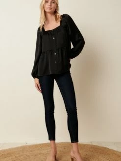 Sydney So Sweet Women's Clothing Women's Square Neck Satin Detail Tier Satin Blouse Black 9 Sydney So Sweet Women's Clothing Women's Square Neck Satin Detail Tier Satin Blouse Black