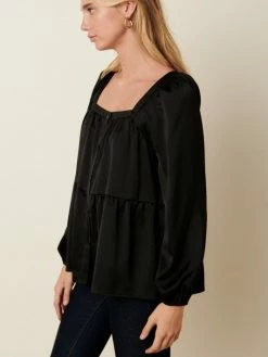 Sydney So Sweet Women's Clothing Women's Square Neck Satin Detail Tier Satin Blouse Black