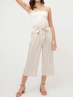 Sydney So Sweet Women's Stripe High Waist Tie Front Cropped Length Pants Ivory