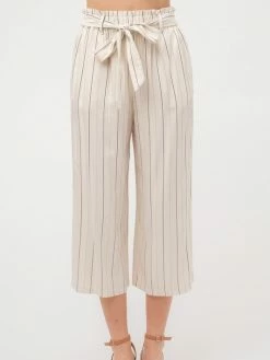 Sydney So Sweet Women's Stripe High Waist Tie Front Cropped Length Pants Ivory