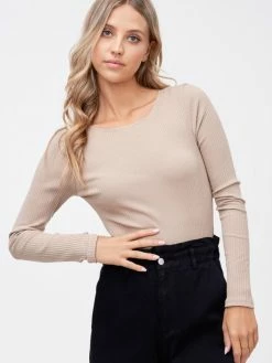 Sydney So Sweet Tan Ribbed Long Sleeve Scoop Back Women's Bodysuit Women's Clothing