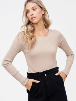 Sydney So Sweet Tan Ribbed Long Sleeve Scoop Back Women's Bodysuit Women's Clothing
