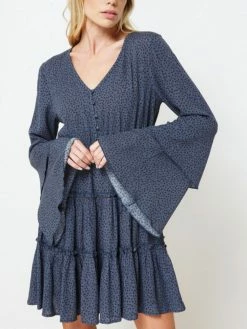 Sydney So Sweet Titan Blue Polka Dot Button Up Tiered Bell Sleeve Women's Dress