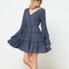 Sydney So Sweet Titan Blue Polka Dot Button Up Tiered Bell Sleeve Women's Dress