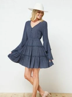 Sydney So Sweet Sales Store 12 Sydney So Sweet Titan Blue Polka Dot Button Up Tiered Bell Sleeve Women's Dress