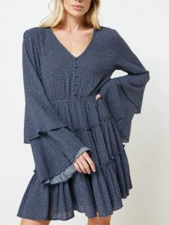 Sydney So Sweet Titan Blue Polka Dot Button Up Tiered Bell Sleeve Women's Dress