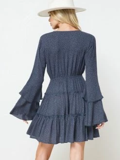 Sydney So Sweet Titan Blue Polka Dot Button Up Tiered Bell Sleeve Women's Dress