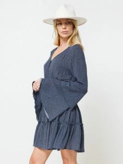 Sydney So Sweet Titan Blue Polka Dot Button Up Tiered Bell Sleeve Women's Dress