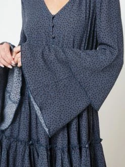 Sydney So Sweet Titan Blue Polka Dot Button Up Tiered Bell Sleeve Women's Dress