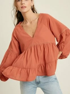 Sydney So Sweet Women's Clothing Women's V-Neck Woven Lace Trim Baby Doll Blouse Ginger