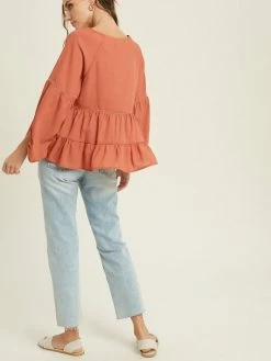 Sydney So Sweet Women's Clothing Women's V-Neck Woven Lace Trim Baby Doll Blouse Ginger