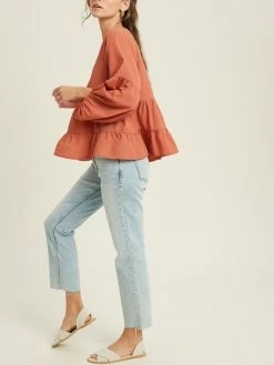 Sydney So Sweet Women's Clothing Women's V-Neck Woven Lace Trim Baby Doll Blouse Ginger