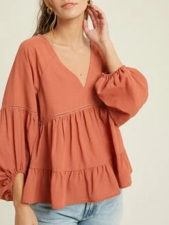 Sydney So Sweet Women's Clothing Women's V-Neck Woven Lace Trim Baby Doll Blouse Ginger