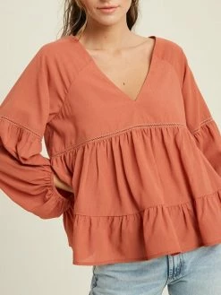 Sydney So Sweet Women's Clothing Women's V-Neck Woven Lace Trim Baby Doll Blouse Ginger