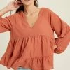 Sydney So Sweet Women's Clothing Women's V-Neck Woven Lace Trim Baby Doll Blouse Ginger