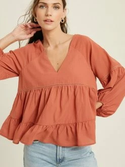 Sydney So Sweet Women's Clothing Women's V-Neck Woven Lace Trim Baby Doll Blouse Ginger