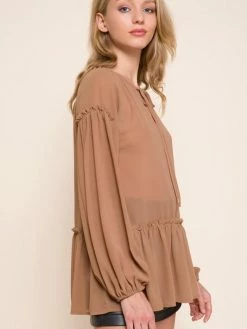 Sydney So Sweet Women's Woven Tie Front Long Sleeve Top Mocha Women's Clothing