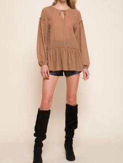 Sydney So Sweet Women's Woven Tie Front Long Sleeve Top Mocha Women's Clothing