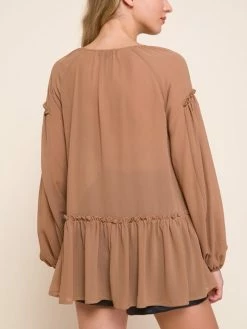 Sydney So Sweet Women's Woven Tie Front Long Sleeve Top Mocha Women's Clothing