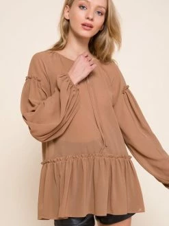 Sydney So Sweet Women's Woven Tie Front Long Sleeve Top Mocha Women's Clothing