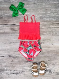 Sydney So Sweet Wonderful Watermelon Pink Smocked Girls Tankini Bikini Swimsuit