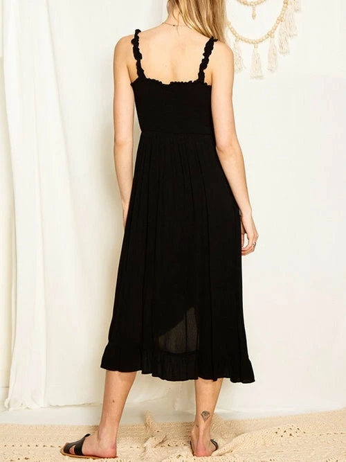 Sydney So Sweet Women's Clothing Wrap Skirt Smocked Ruffle Strap Women's Midi Dress Black 2 Sydney So Sweet Women's Clothing Wrap Skirt Smocked Ruffle Strap Women's Midi Dress Black