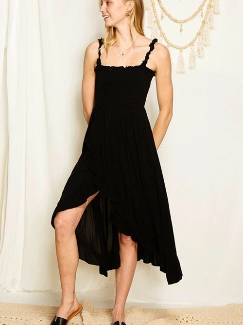 Sydney So Sweet Women's Clothing Wrap Skirt Smocked Ruffle Strap Women's Midi Dress Black 4 Sydney So Sweet Women's Clothing Wrap Skirt Smocked Ruffle Strap Women's Midi Dress Black