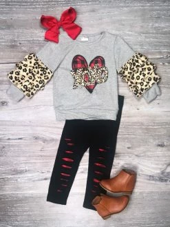 Sydney So Sweet XOXO Cheetah Girl Buffalo Plaid Ruffle Girls Valentine's Day Outfit 2 Piece Pants Outfits