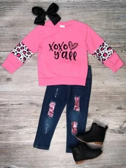 Sydney So Sweet XOXO Y'all Love Pink Leopard Sequin Denim Patch Girls Outfit