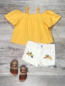Sydney So Sweet Yellow Floral Cold Shoulder White Denim Girls Shorts Outfit