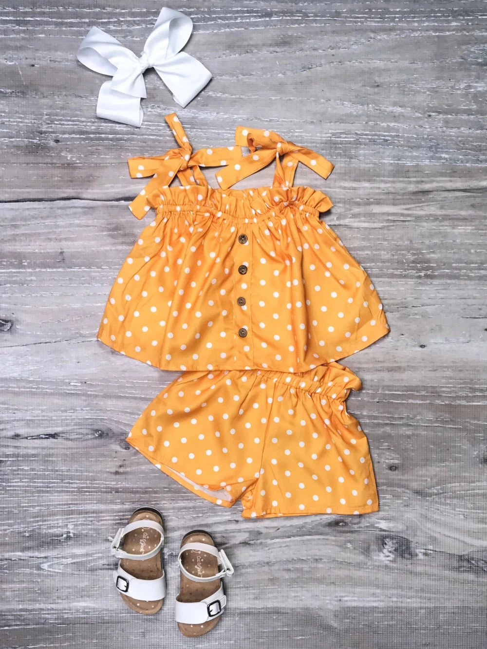 Sydney So Sweet Yellow Orange Polka Tie Strap Ruffle Girls Shorts Outfit New Arrivals 2 Sydney So Sweet Yellow Orange Polka Tie Strap Ruffle Girls Shorts Outfit New Arrivals