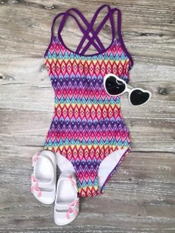 Sydney So Sweet Tribal Girls One Piece Cut Out Cross Back Tie Swimsuit