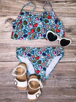 Sydney So Sweet Emoji Rainbow Swim Girls Two Piece Flounce Bikini Swimsuit