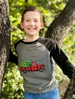 Sydney So Sweet T-Shirts & Tops Christmas Tree Farm Truck Plaid Raglan T-Shirt