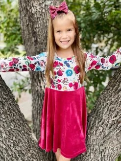 Sydney So Sweet Burgundy Rose Floral Velvet Long Sleeve Girls Skater Dress