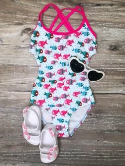Sydney So Sweet School Of Fish Girls One Piece Cut Out Cross Back Tie Swimsuit